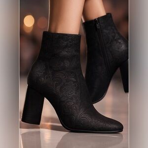 Marc Fisher black suede ankle boots with floral embossed pattern